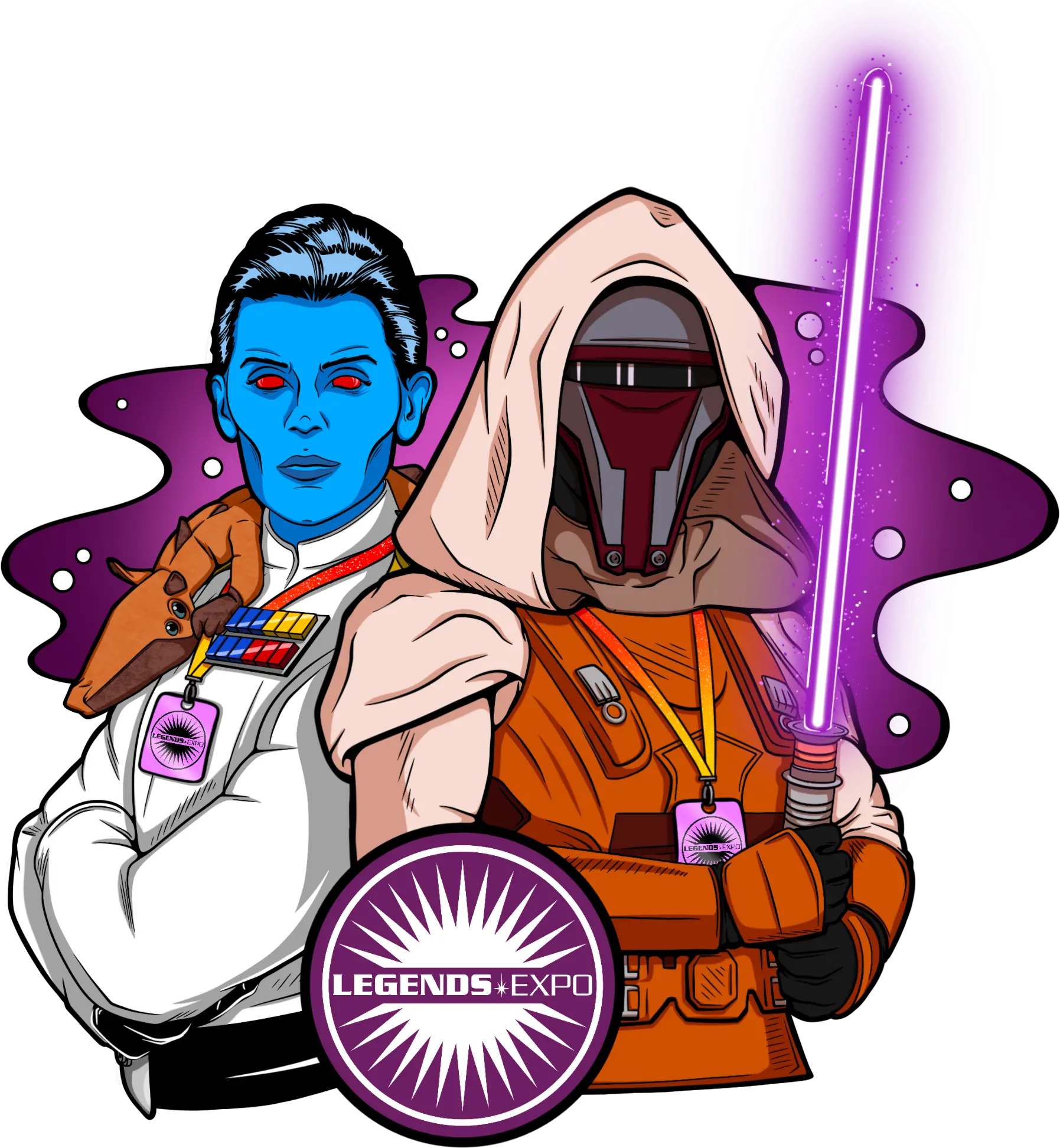 Event key art featuring cosplayers dressed as Grand Admiral Thrawn and Jedi Master Revan standing back to back behind the Legends Expo logo. An ysalamir creature sits on Thrawn’s shoulder.