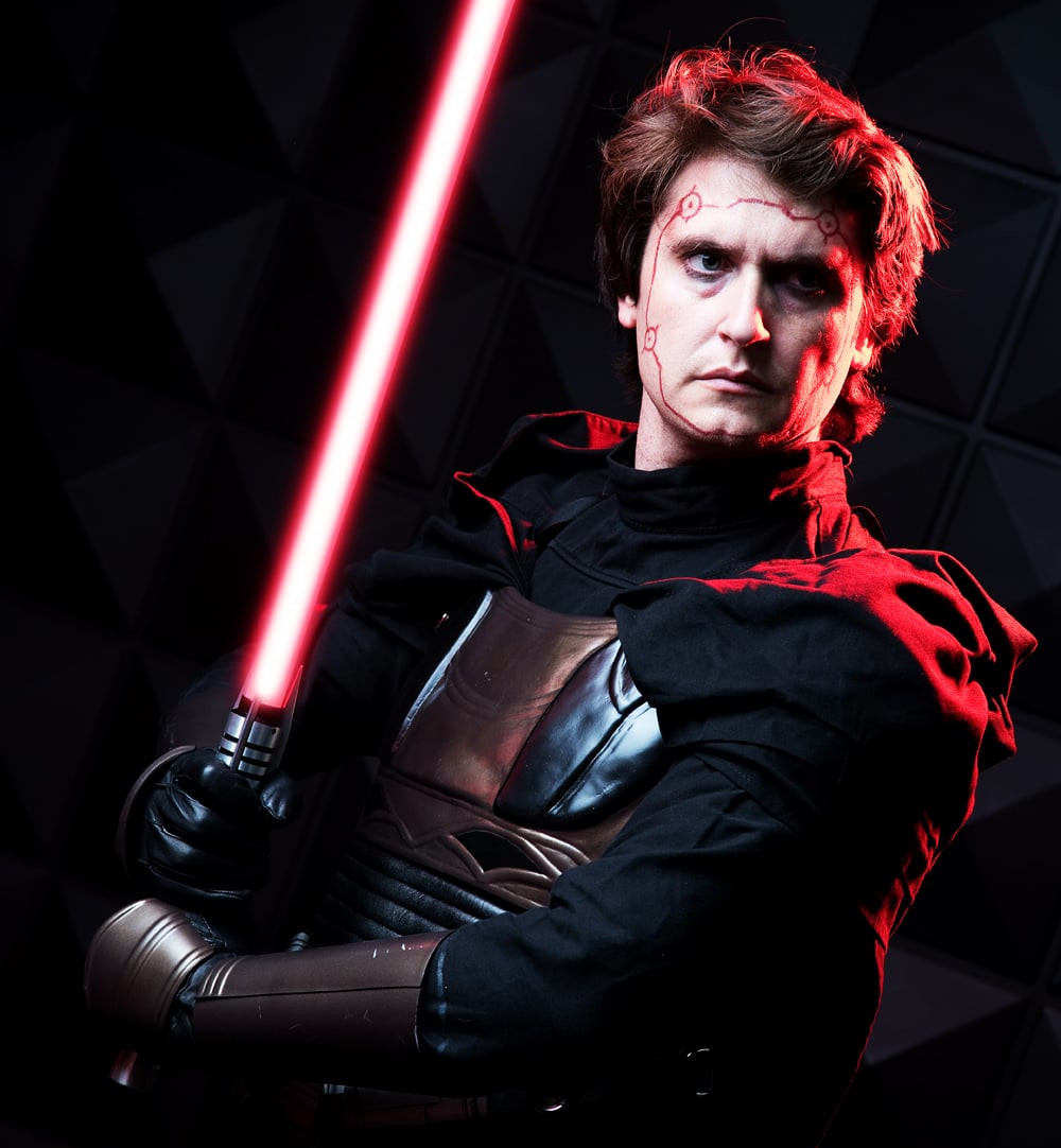 Austin Austin in his Darth Revan cosplay, without the mask