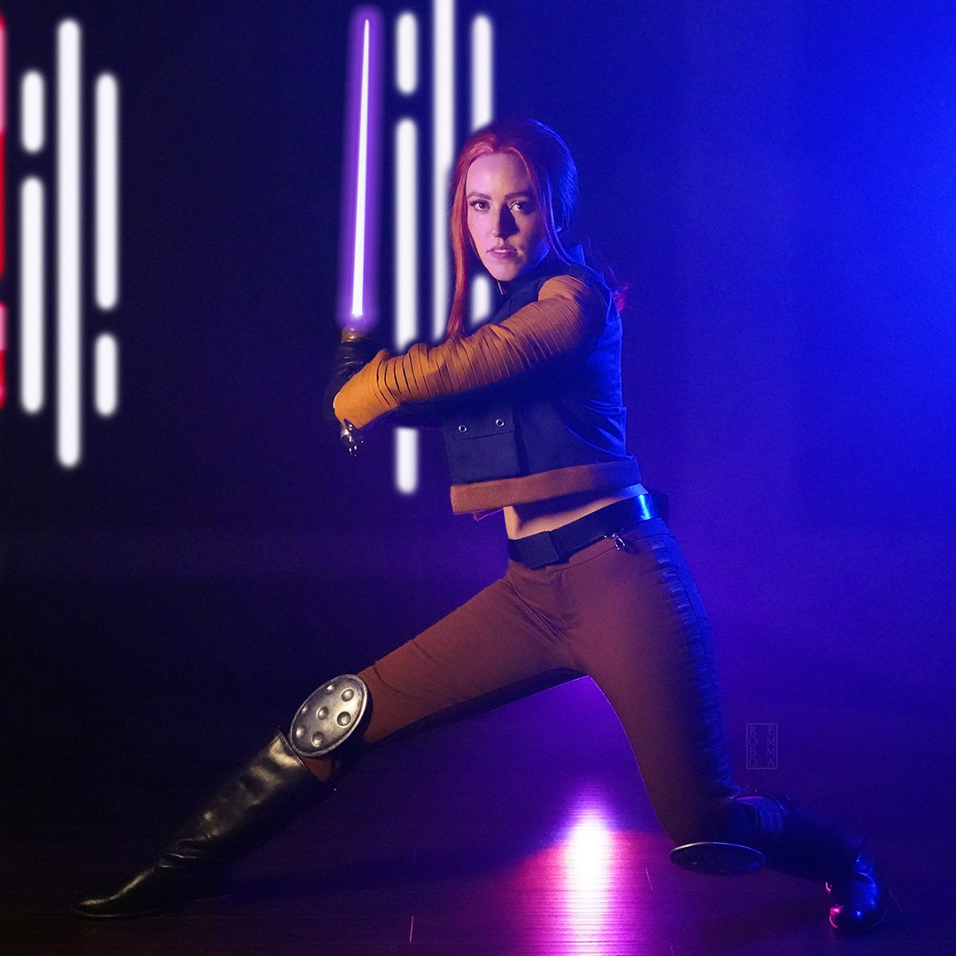 Emma Emma in her Mara Jade costume with Imperial corridors in the background.